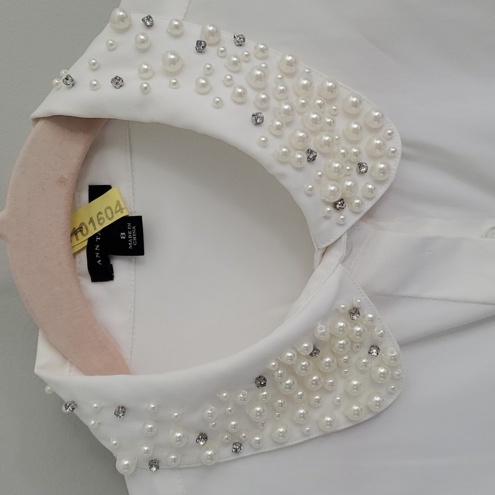 Ann Taylor white blouse with pearl beaded collar - Picture 2 of 6